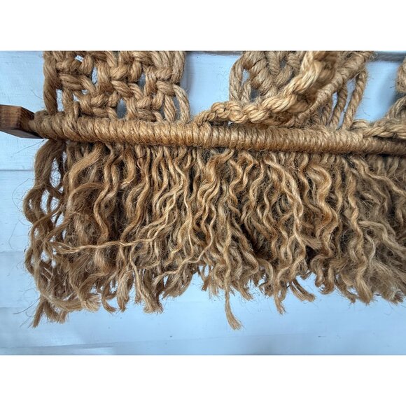 Vintage 1970s Boho Wood Jute Macarame' Wall Hanging With Hooks - Picture 7 of 16